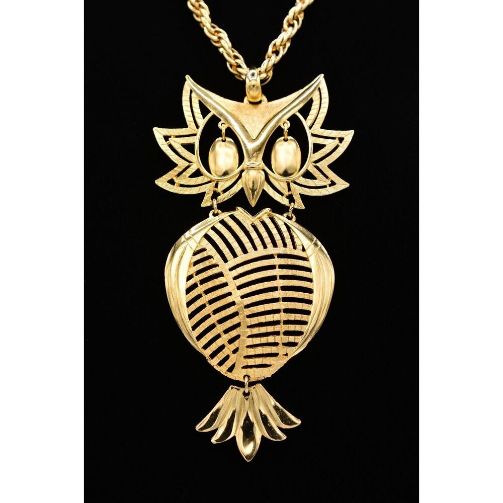 ALAN Vintage Owl Pendant Necklace Brushed Gold Signed Chunky Rope Chain 9J